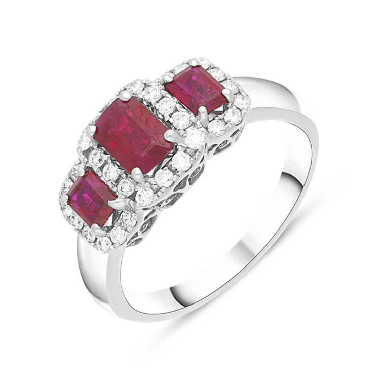 18ct White Gold Ruby Diamond Claw Set Triple Cluster Ring - White Gold