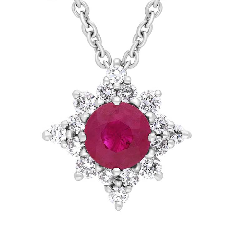 18ct White Gold Ruby Diamond Cluster Star Pendant Necklace