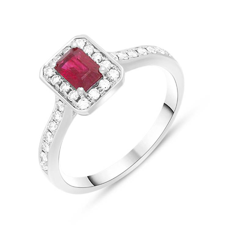 18ct White Gold Ruby Diamond Emerald Cut Shoulder Set Cluster Ring - White Gold