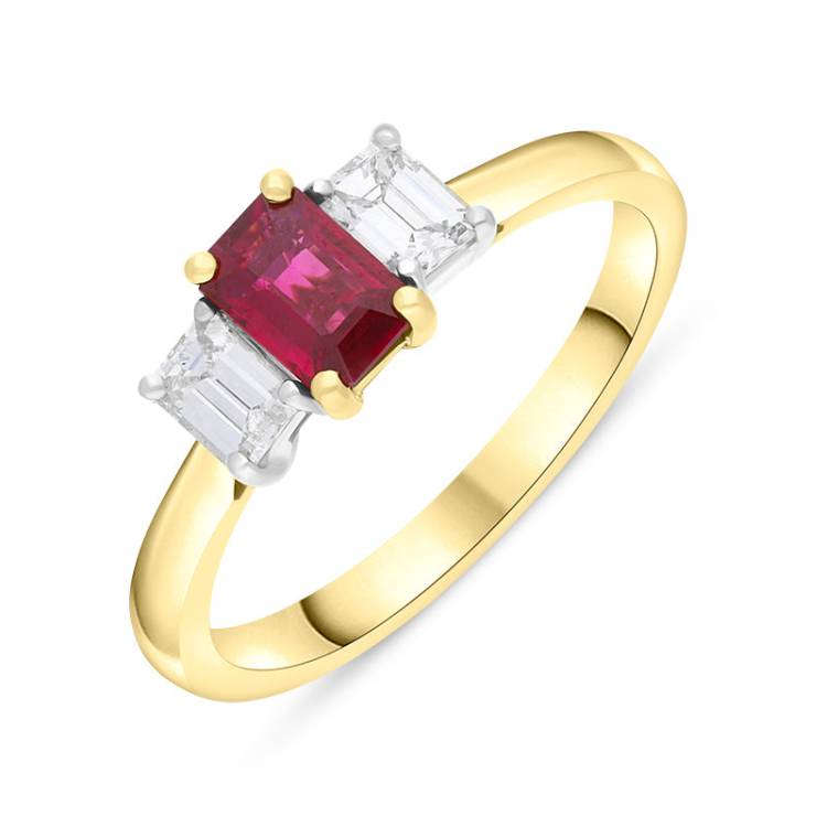 18ct Yellow Gold Ruby Diamond Emerald Cut Three Stone Ring - Yellow Gold