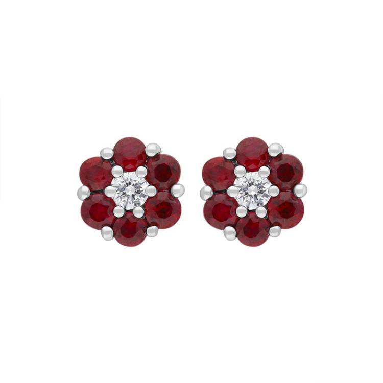 18ct White Gold Ruby Diamond Flower Stud Earrings - White Gold