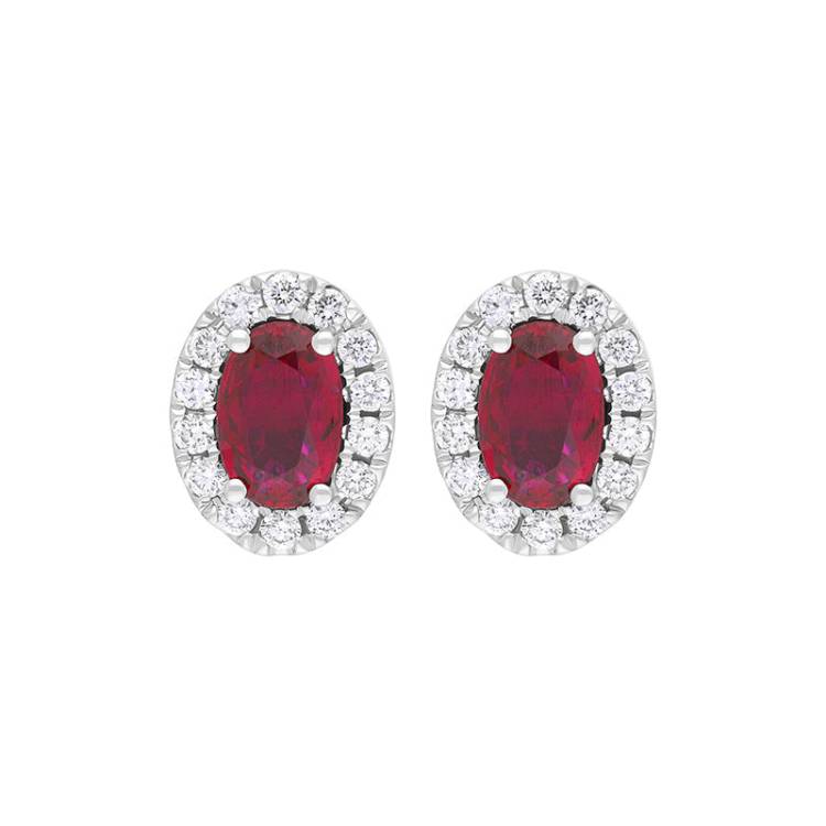 18ct White Gold Ruby Diamond Oval Cluster Stud Earrings