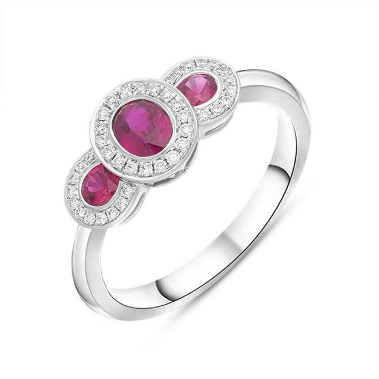 18ct White Gold Ruby Diamond Pave Triple Cluster Ring - White Gold
