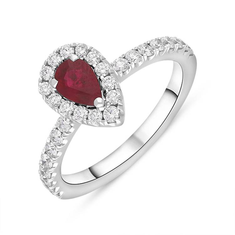 18ct White Gold Ruby Diamond Pear Cluster Shoulder Set Ring - Gold