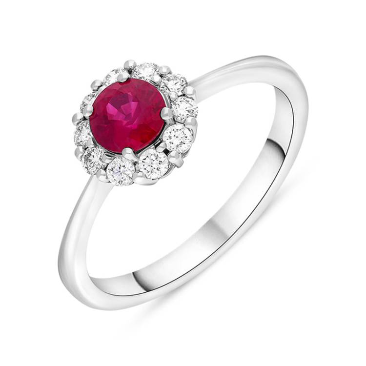 18ct White Gold Ruby Diamond Round Cluster Ring - M