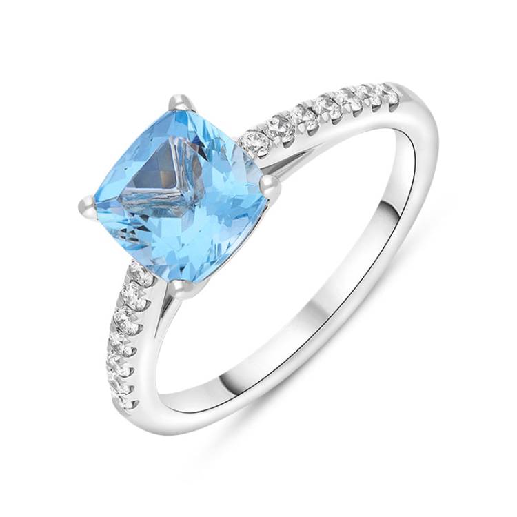 18ct White Gold Santa Maria Aquamarine Diamond Cushion Pave Should Ring - N