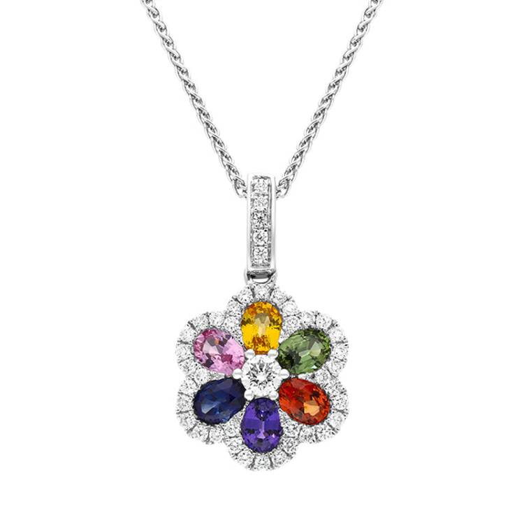 18ct White Gold Sapphire Diamond Cluster Multicolour Flower Pendant - White Gold