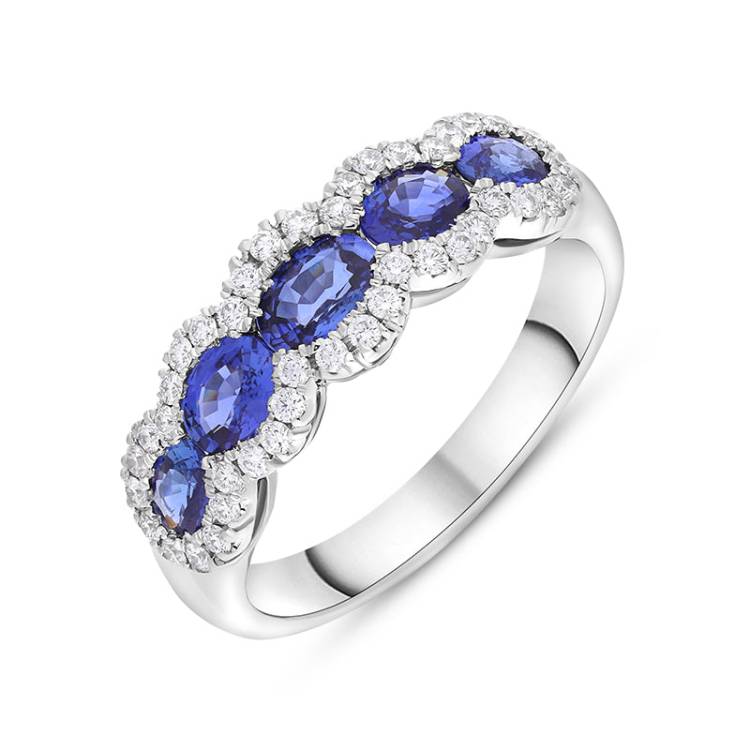 18ct White Gold Sapphire Diamond Cluster Oval Cut Eternity Ring - N