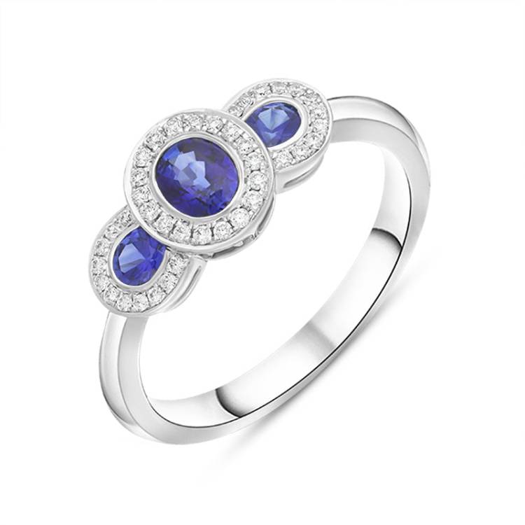 18ct White Gold Sapphire Diamond Pave Triple Cluster Ring - White Gold