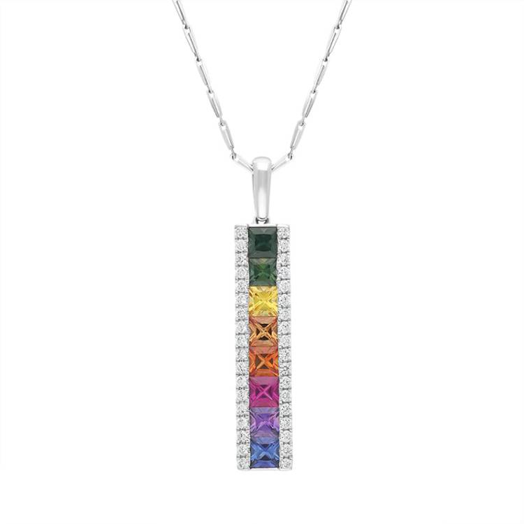 18ct White Gold Sapphire Diamond Princess Cut Multicoloured Bar Pendant - White Gold