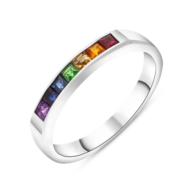 18ct White Gold Sapphire Multicoloured Rainbow Half Eternity Ring D - N