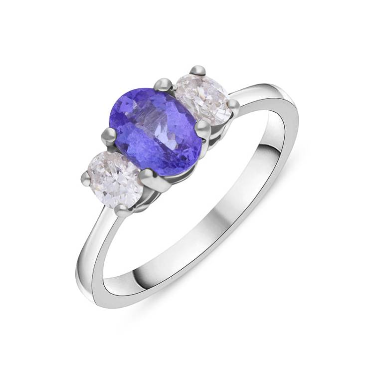 18ct White Gold Tanzanite Diamond Three Stone Ring D - N