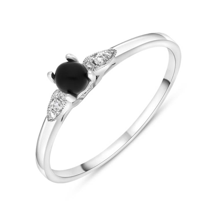 18ct White Gold Whitby Jet 0.05ct Diamond Milgrain Shoulder Ring - M