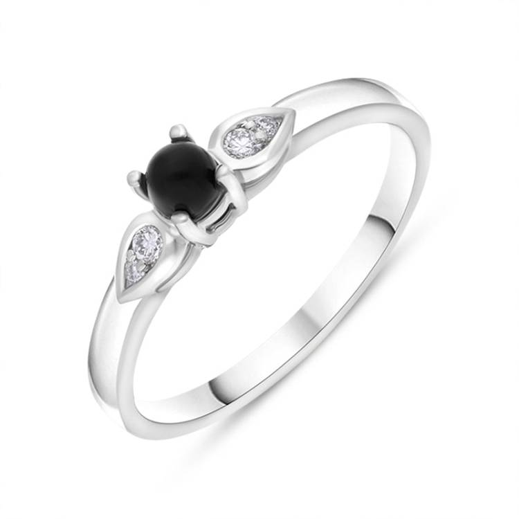 18ct White Gold Whitby Jet 0.07ct Diamond Pear Shoulder Ring - Z