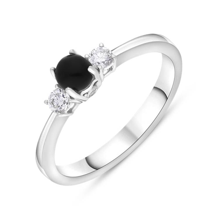 18ct White Gold Whitby Jet 0.17ct Diamond Trilogy Ring - J