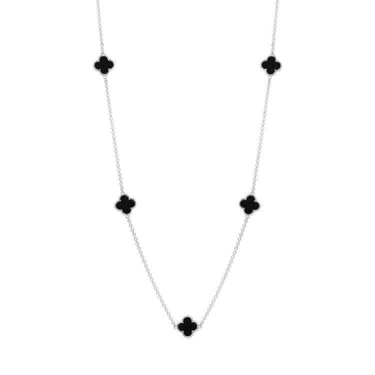 18ct White Gold Whitby Jet Bloom Four Leaf Clover Ball Edge Necklace