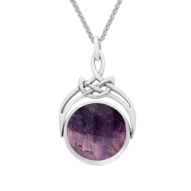 18ct White Gold Whitby Jet Blue John Round Swivel Fob Necklace - Gold
