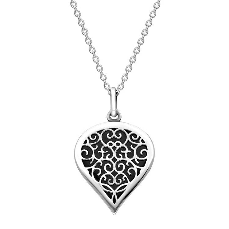 18ct White Gold Whitby Jet Flore Filigree Medium Heart Necklace