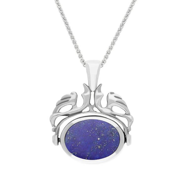 18ct White Gold Whitby Jet Lapis Lazuli Double Sided Oval Swivel Fob Necklace - White Gold