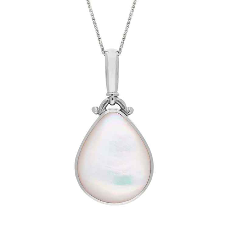 18ct White Gold Whitby Jet Mother of Pearl Double Sided Pear Fob Necklace - White Gold