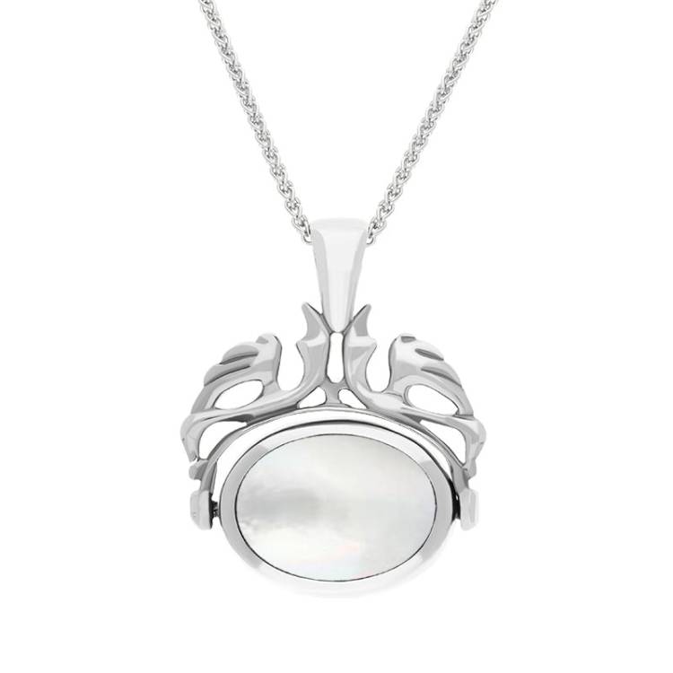 18ct White Gold Whitby Jet Mother Of Pearl Double Sided Swivel Fob Necklace - White Gold
