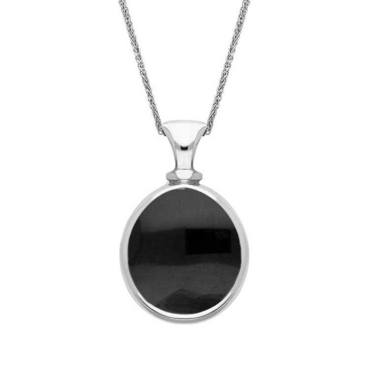 18ct White Gold Whitby Jet Mother Of Pearl Small Double Sided Pear Fob Necklace