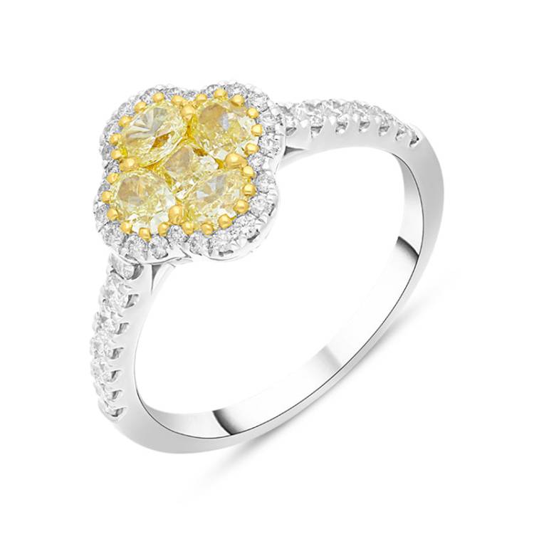 18ct White Gold Yellow and White Diamond Cluster Ring - White Gold