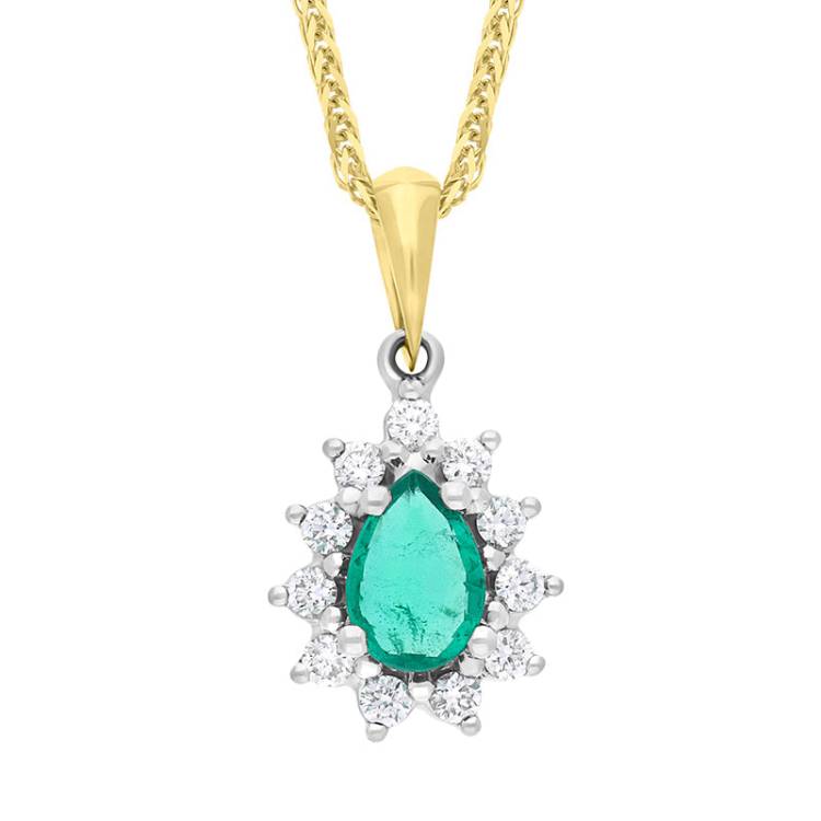 18ct Yellow and White Gold Emerald Diamond Cluster Pear Cut Pendant