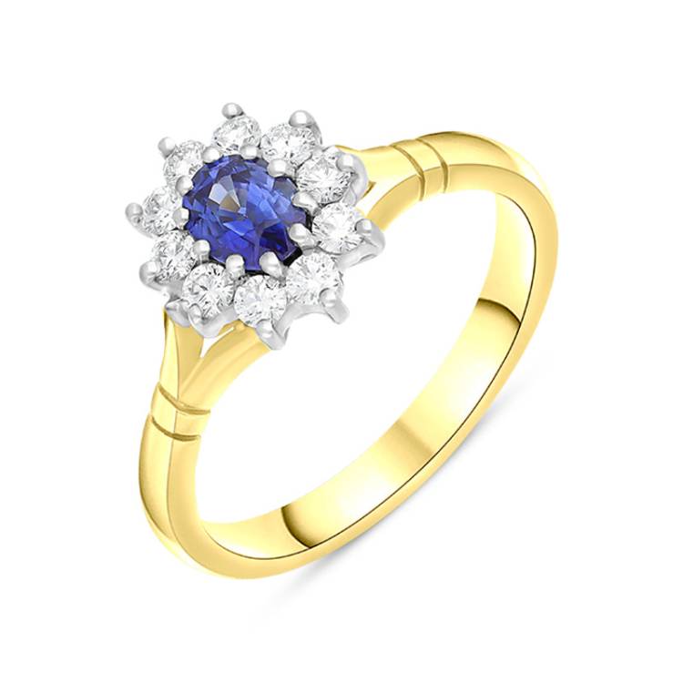 18ct Yellow Gold 0.48ct Sapphire Diamond Halo Ring - Yellow Gold