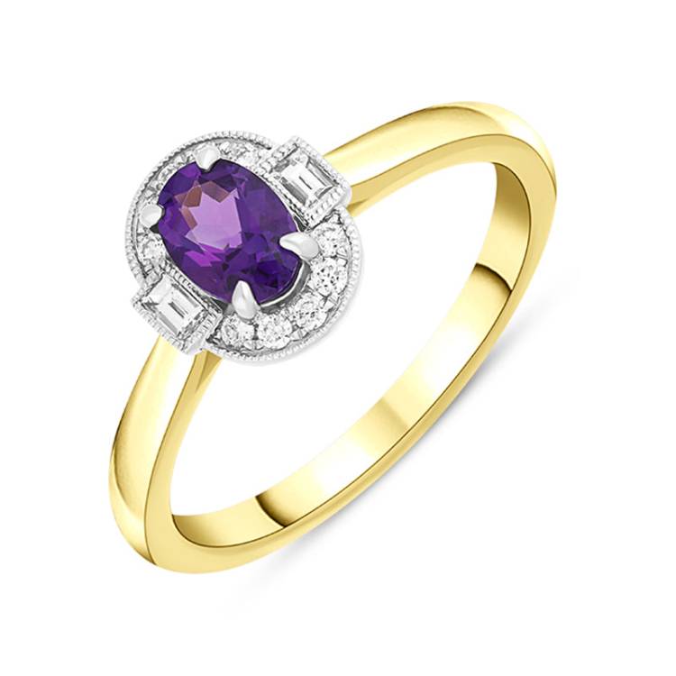 18ct Yellow Gold 0.63ct Amethyst Diamond Baguette Cut Halo Ring - Yellow Gold