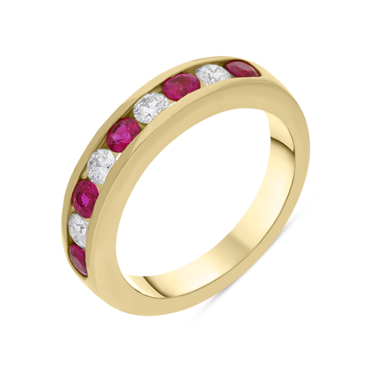 18ct Yellow Gold 0.64ct Ruby Diamond Half Eternity Ring - N 1/2