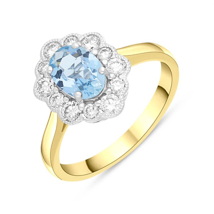 18ct Yellow Gold 0.67ct Aquamarine Diamond Halo Ring - Yellow Gold