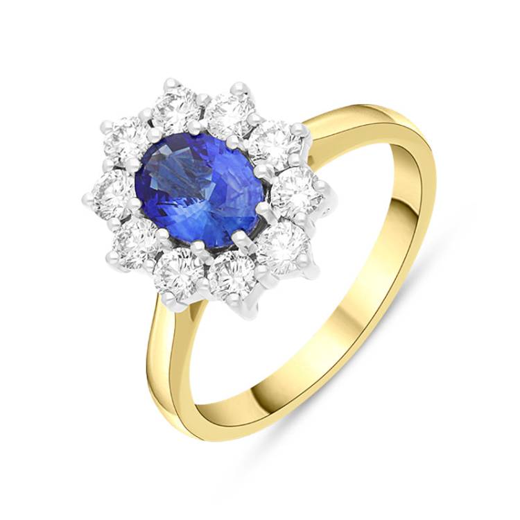 18ct Yellow Gold 0.80ct Sapphire Diamond Halo Ring - Yellow Gold