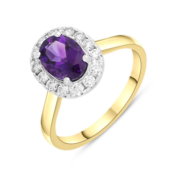 18ct Yellow Gold 1.10ct Amethyst Diamond Halo Ring - Yellow Gold