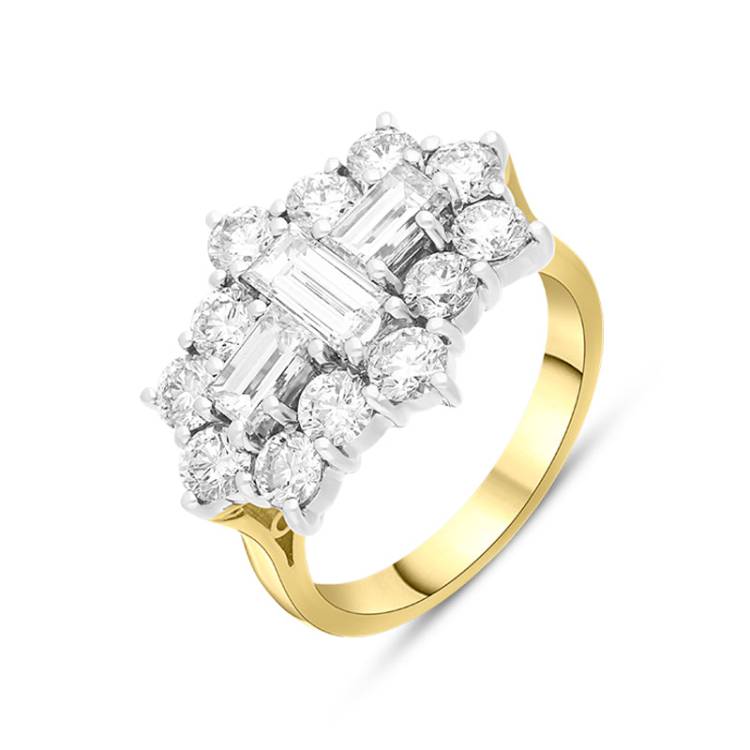 18ct Yellow Gold 3.00ct Diamond Baguette Round Brilliant Cut Vintage Style Cluster Ring - Yellow Gold