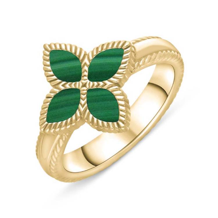 9ct Yellow Gold Malachite Bloom Marquise Flower Ring - Y