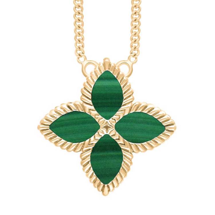 9ct Yellow Gold Malachite Bloom Large Marquise Flower Necklace - Gold
