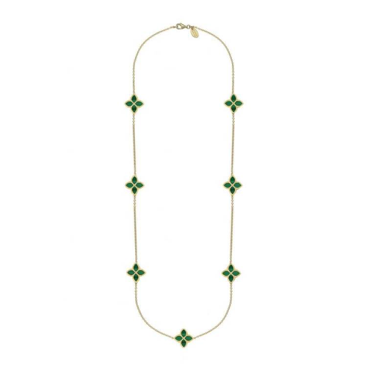 9ct Yellow Gold Malachite Bloom Long Marquise Flower Necklace - Gold