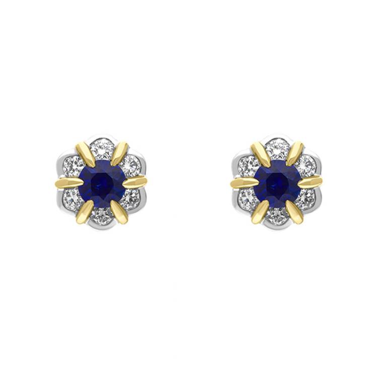 18ct Yellow and White Gold Sapphire Diamond Flower Cluster Stud Earrings - Gold