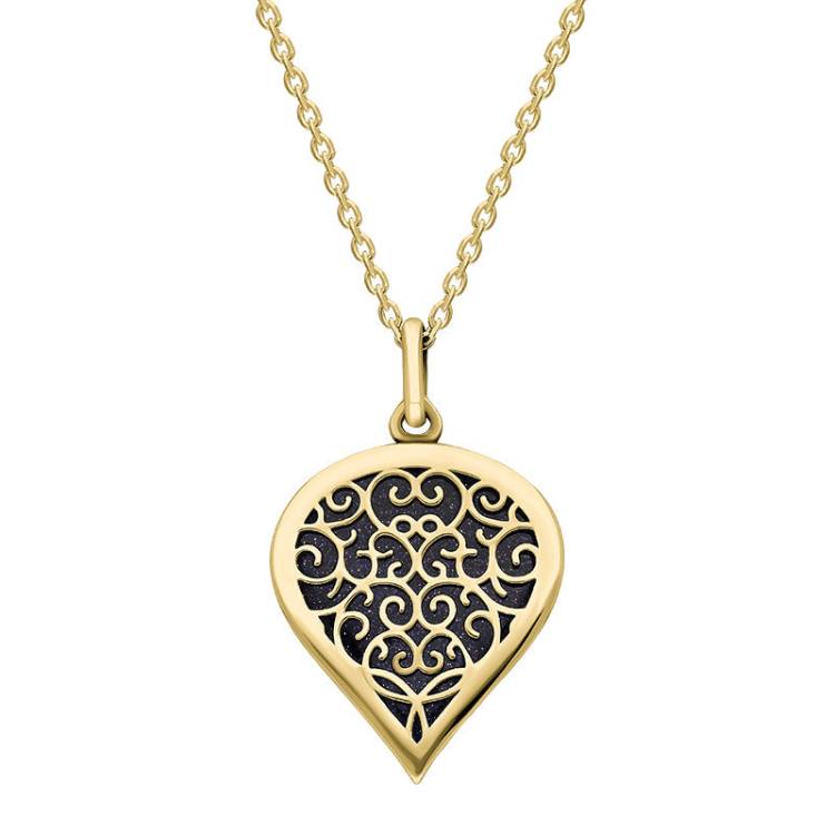 18ct Yellow Gold Blue Goldstone Flore Filigree Medium Heart Necklace