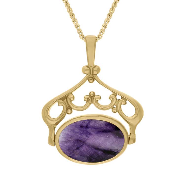 18ct Yellow Gold Blue John Mother Of Pearl Double Sided Oval Swivel Fob Necklace - Yellow Gold
