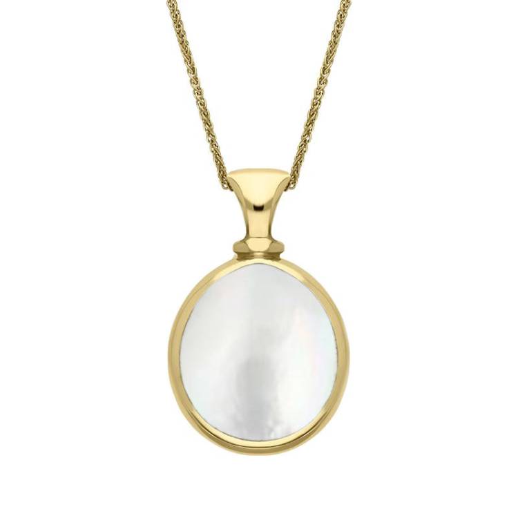 18ct Yellow Gold Blue John Mother Of Pearl Small Double Sided Pear Fob Necklace