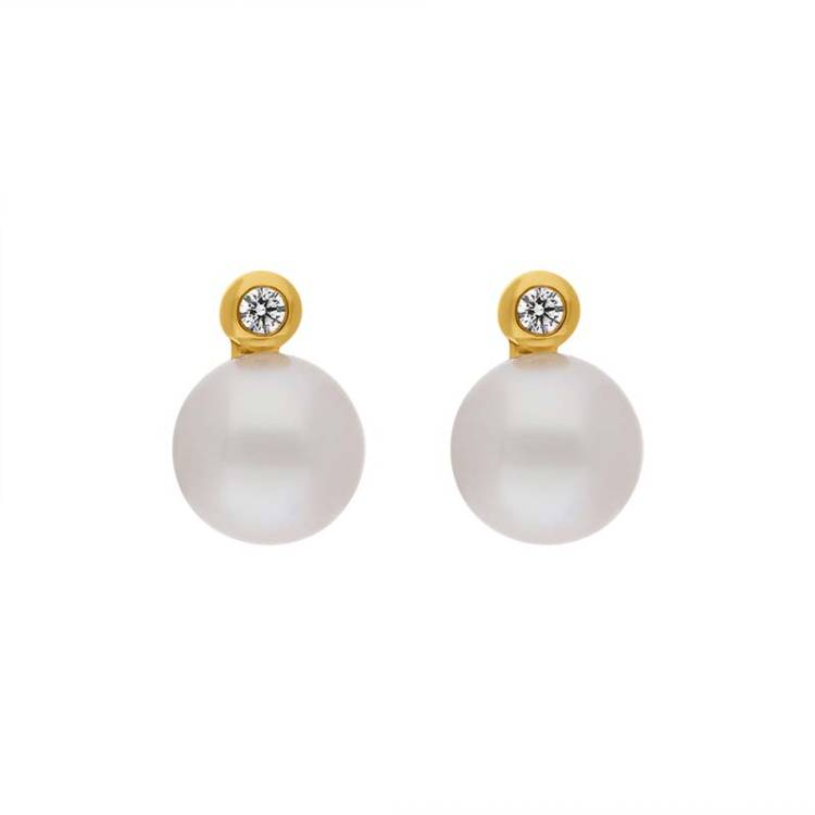 18ct Yellow Gold Diamond Akoya Pearl Stud Earrings - Gold