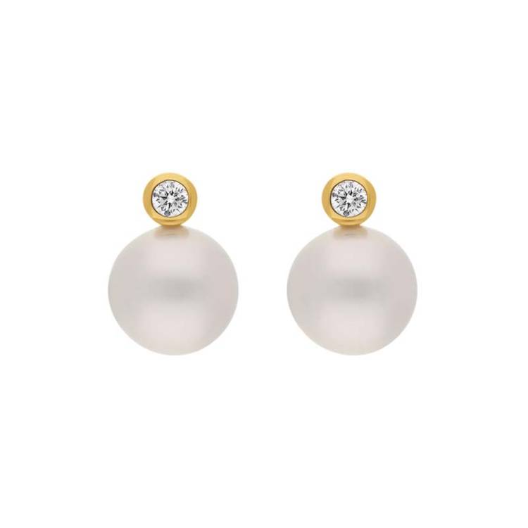 18ct Yellow Gold Diamond South Sea Pearl Stud Earrings - Gold