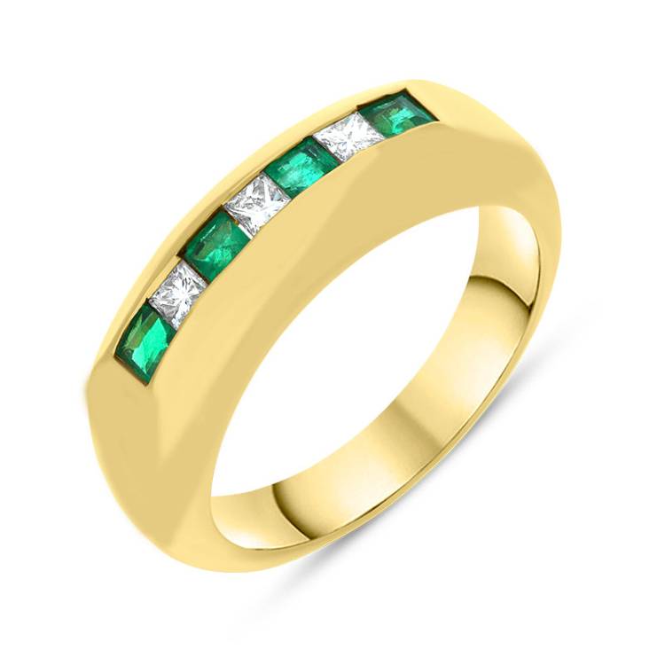 18ct Yellow Gold Emerald Diamond Princess Cut Half Eternity Ring D - K