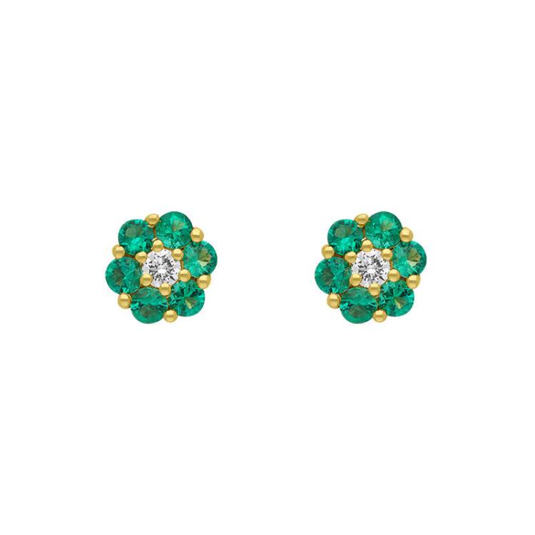 18ct Yellow Gold Emerald Diamond Round Cluster Flower Stud Earrings - Yellow Gold