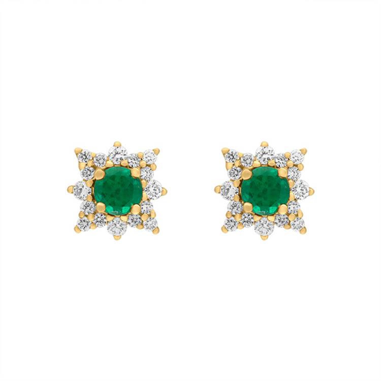 18ct Yellow Gold Emerald Diamond Star Cluster Stud Earrings - Yellow Gold