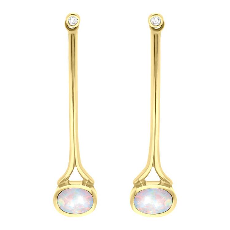 18ct Yellow Gold Opal 0.06ct Diamond Long Drop Earrings D - Gold
