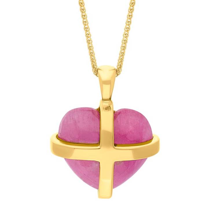 18ct Yellow Gold Pink Greenland Sapphire Small Cross Heart Necklace