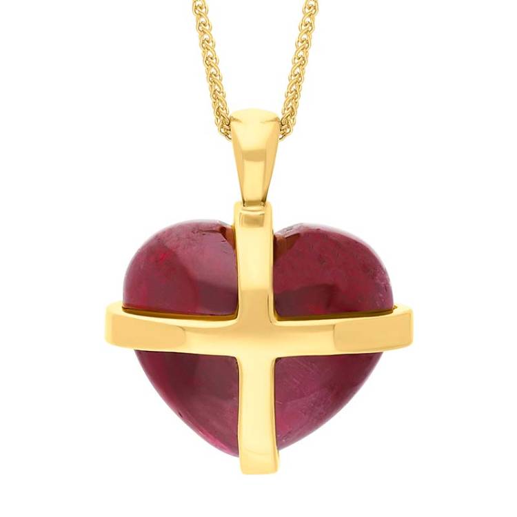 18ct Yellow Gold Red Greenland Ruby Medium Cross Heart Necklace